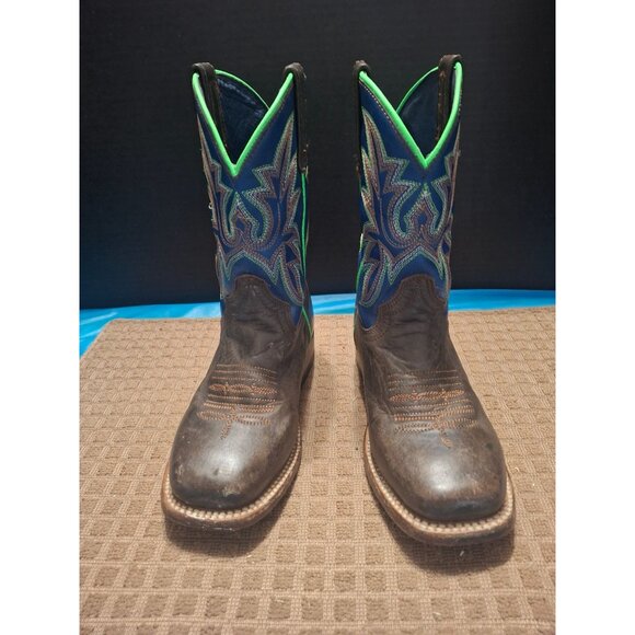 Roper Boys Western Leather Boots Size 9 Blue & Green Embroidered Handmade In Mex - Picture 2 of 9